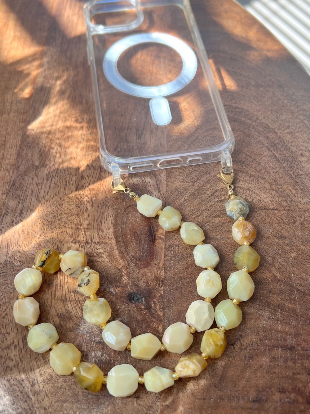 Yellow Agate Beaded Phone Necklace with Gold Hardware